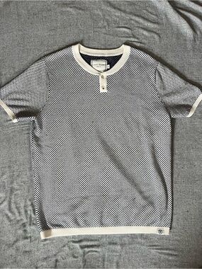 Short-Sleeve Knit Henley in White and Blue by Long Wharf Supply
